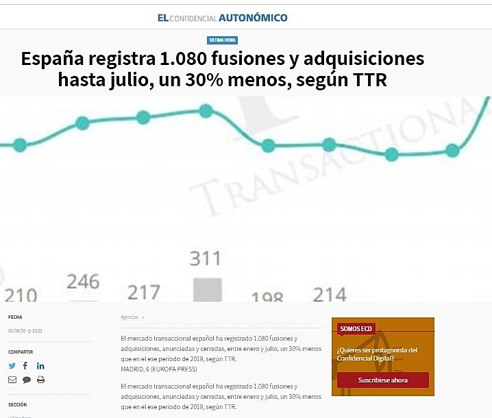 Espaa registra 1.080 fusiones y adquisiciones hasta julio, un 30% menos, segn TTR